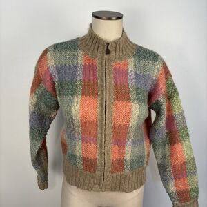 VTG 90's Ivy Mohair Wool Blend Cardigan Sweater Multicolored Zip Front Womens S